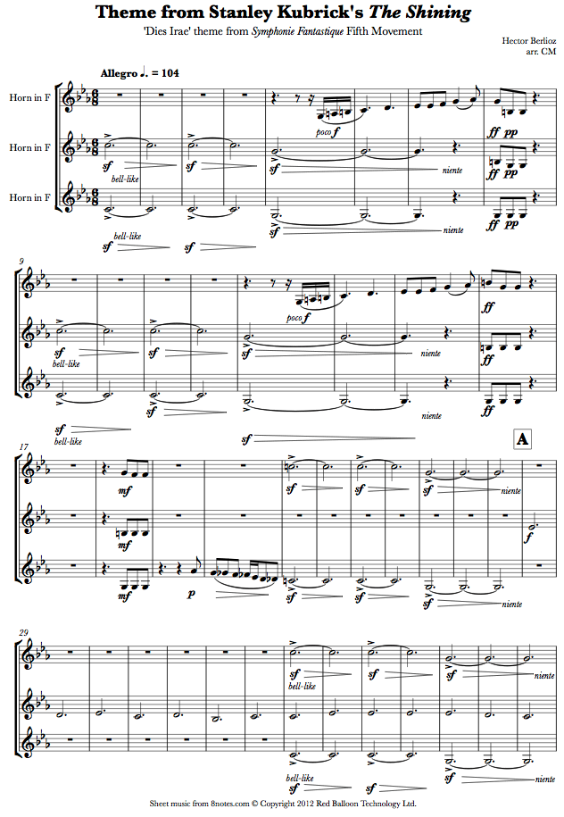 Hector Berlioz - Dies Irae theme from Symphonie Fantastique (Theme from Stanley Kubricks The Shining) sheet music for French Horn Trio Hector Berlioz - Dies Irae theme from Symphonie Fantastique (Theme from Stanley Kubricks The Shining) sheet music for French Horn Trio