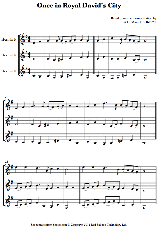 Once in Royal Davids City sheet music for French Horn Trio Once in Royal Davids City sheet music for French Horn Trio