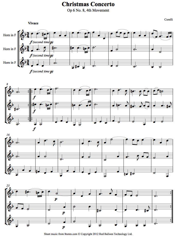 Corelli - Christmas Concerto Op 6 No. 8 4th mvt sheet music for French Horn Trio Corelli - Christmas Concerto Op 6 No. 8 4th mvt sheet music for French Horn Trio
