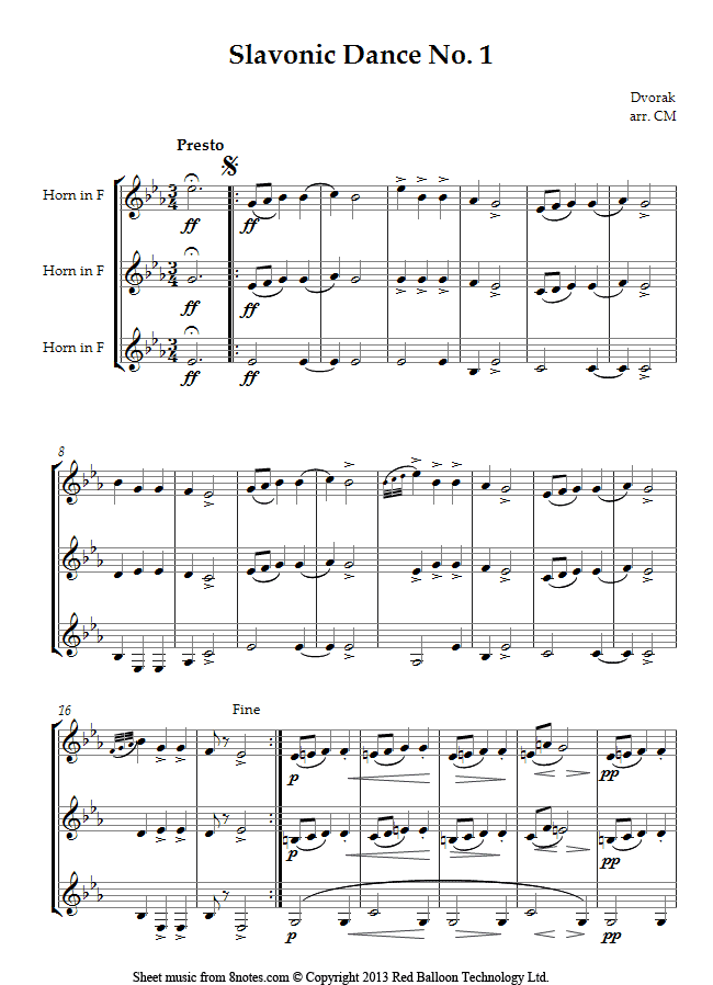 Dvořák - Slavonic Dance No. 1 sheet music for French Horn Trio Dvořák - Slavonic Dance No. 1 sheet music for French Horn Trio