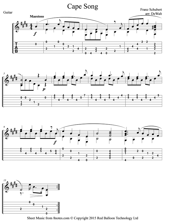 Schubert Cape Song sheet music for Guitar