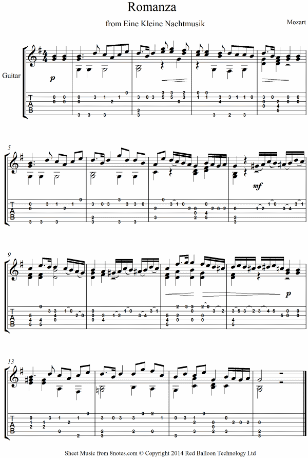Mozart Eine Kleine Nachtmusik mvt 2 (Romance) sheet music for Guitar