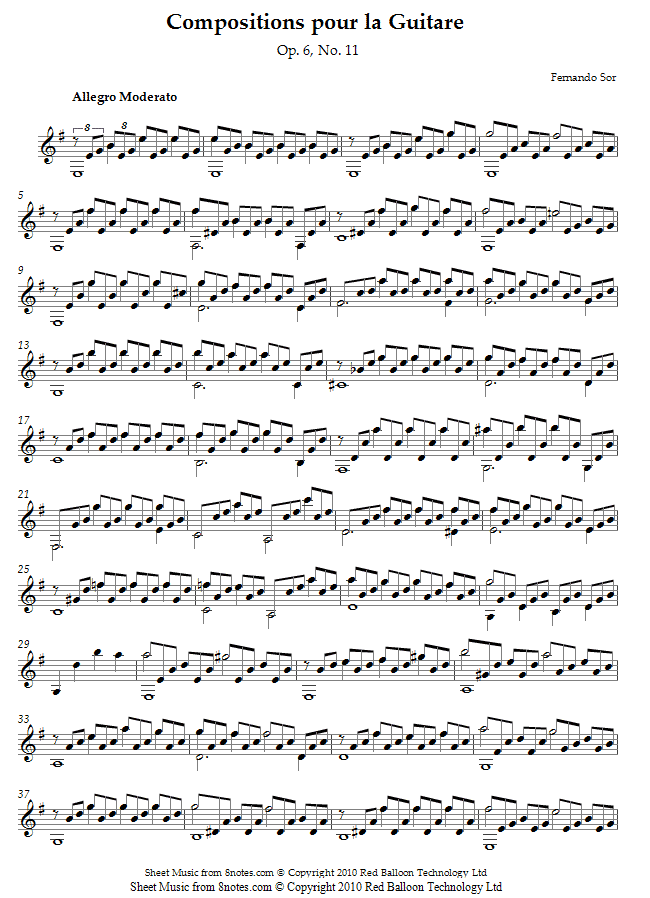 Sor - Compositions pour la Guitare Op. 6, No. 11 sheet music for Guitar Sor - Compositions pour la Guitare Op. 6, No. 11 sheet music for Guitar