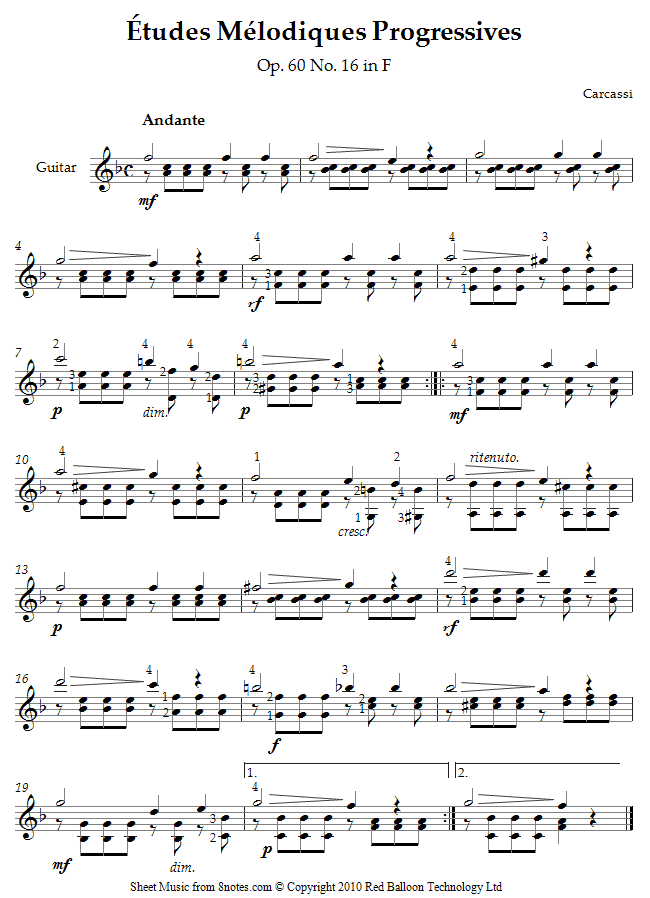 Carcassi - Etudes Melodiques Progressives Op. 60 No. 16 in F sheet music for Guitar Carcassi - Etudes Melodiques Progressives Op. 60 No. 16 in F sheet music for Guitar