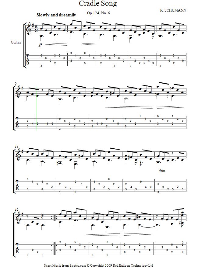 Schumann Cradle Song Op.124, No. 6 sheet music for Guitar