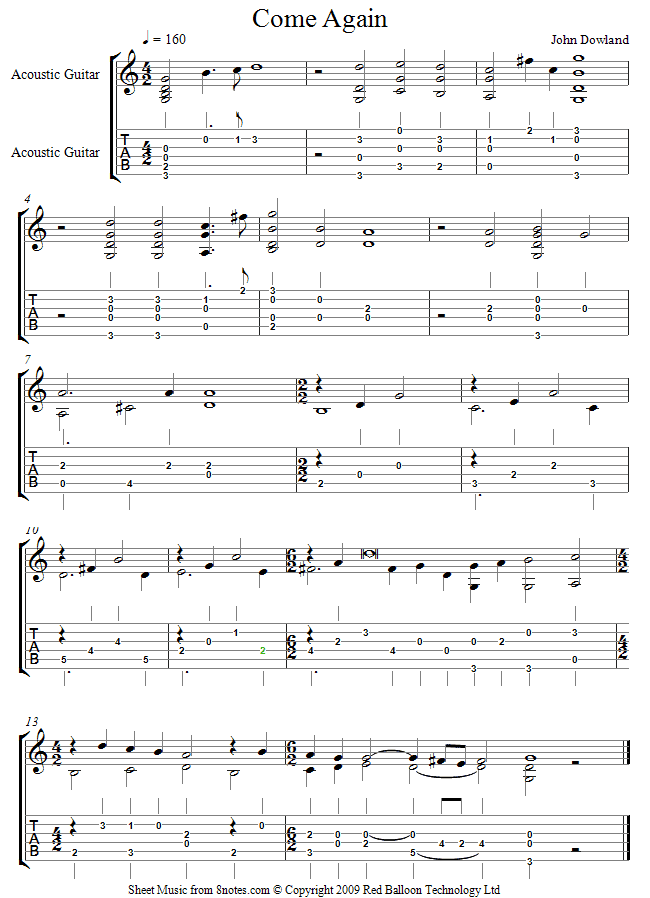 Dowland - Come again sheet music for Guitar Dowland - Come again sheet music for Guitar