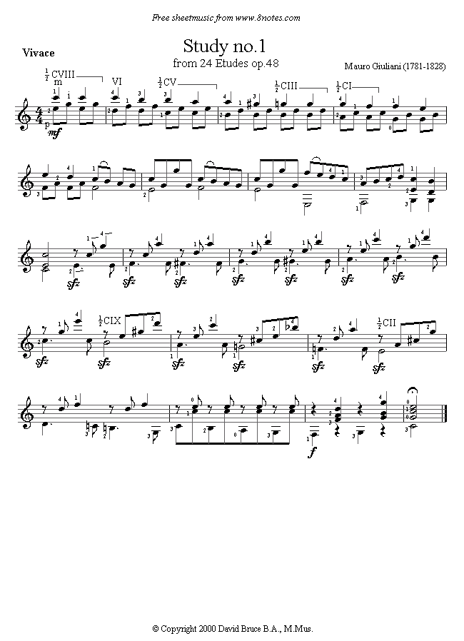 Giuliani - Study no.1 from 24 etudes sheet music for Guitar Giuliani - Study no.1 from 24 etudes sheet music for Guitar