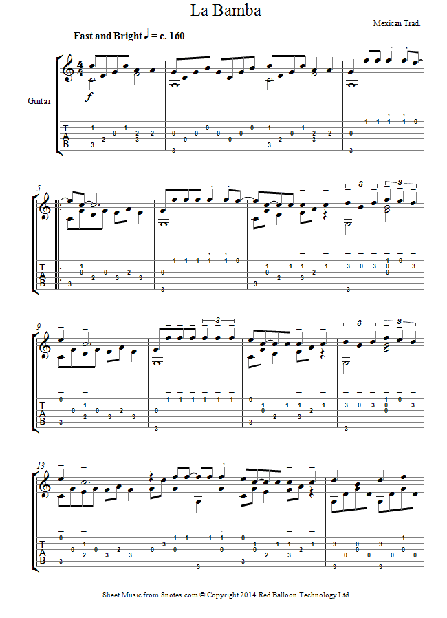guitar bamba sheet chords lyrics tabs 8notes scores play shortcuts keyboard