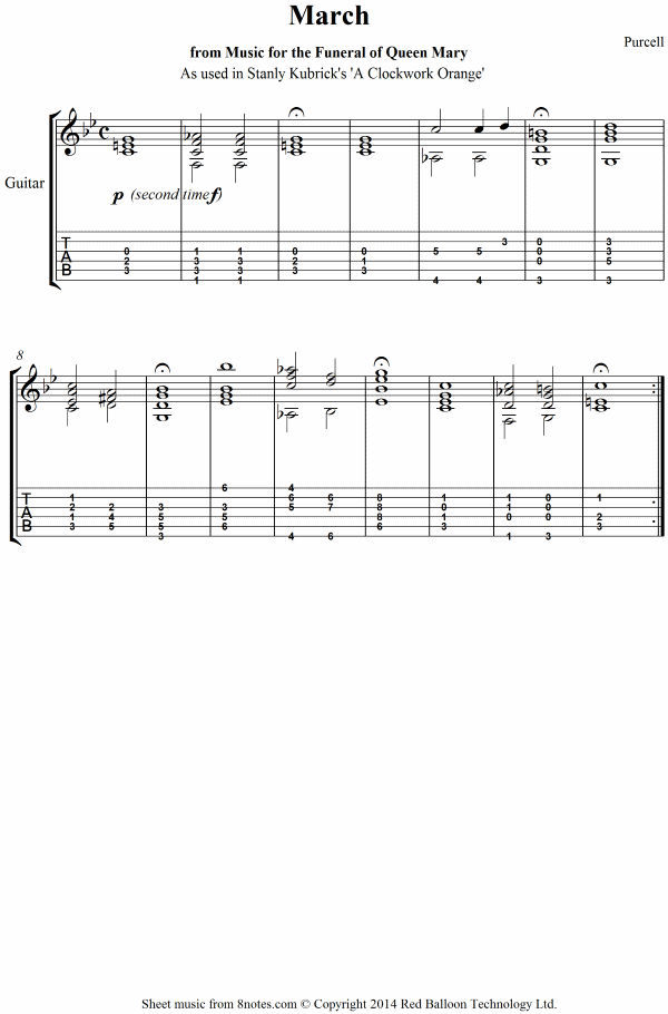 Purcell, Henry Funeral March (As used in the film A Clockwork Orange) sheet music for Guitar