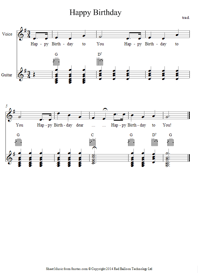 Happy Birthday to You sheet music for Guitar and Vocal Happy Birthday to You sheet music for Guitar and Vocal