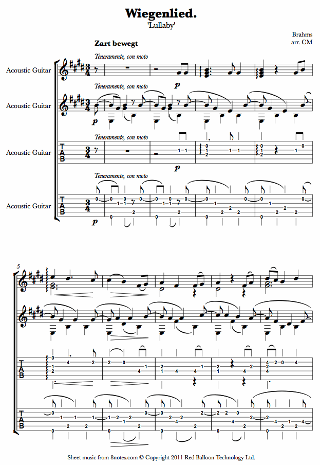 Brahms - Lullaby (Wiegenlied) sheet music for Guitar Duet Brahms - Lullaby (Wiegenlied) sheet music for Guitar Duet
