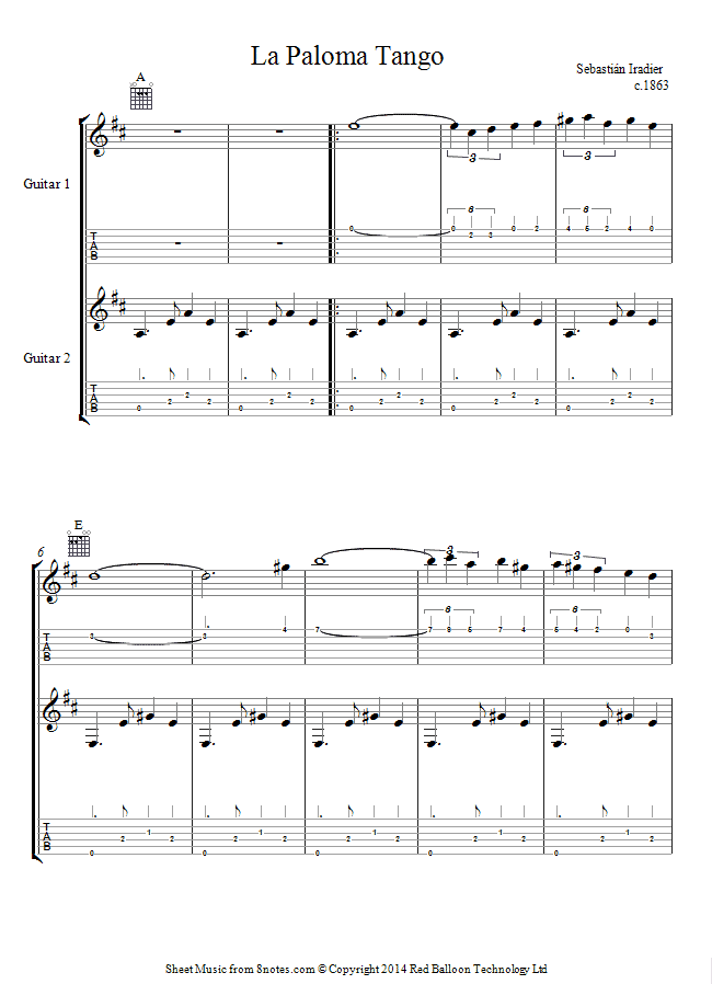 Sebastián Iradier - La Paloma Tango sheet music for Guitar Duet Sebastián Iradier - La Paloma Tango sheet music for Guitar Duet