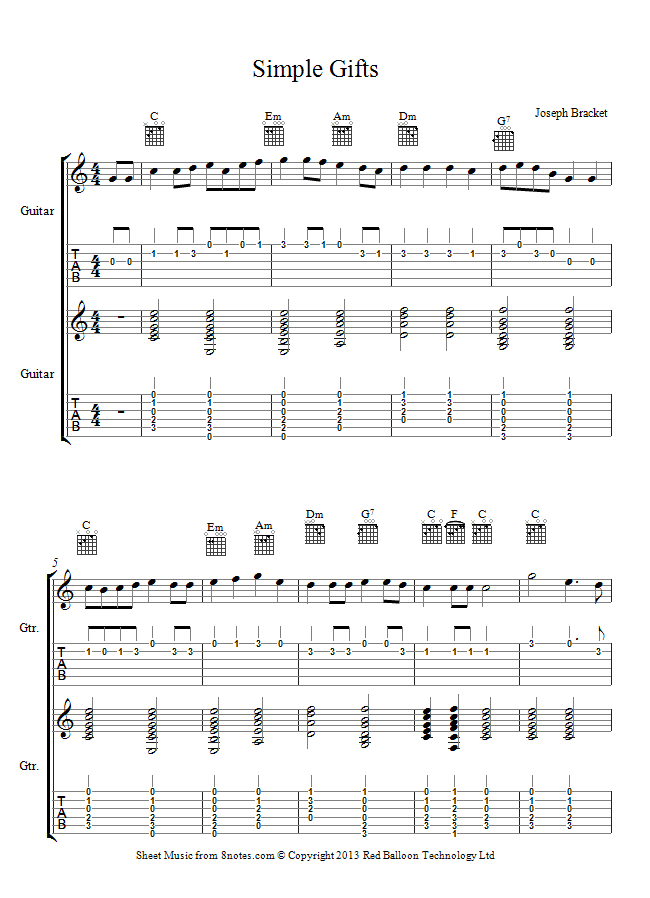 Joseph Brackett - Simple Gifts sheet music for Guitar Duet Joseph Brackett - Simple Gifts sheet music for Guitar Duet
