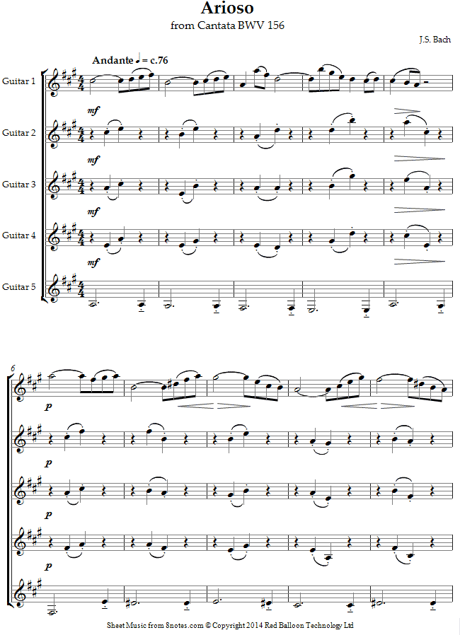 Bach - Arioso from Cantata BWV 156 sheet music for Guitar Ensemble Bach - Arioso from Cantata BWV 156 sheet music for Guitar Ensemble