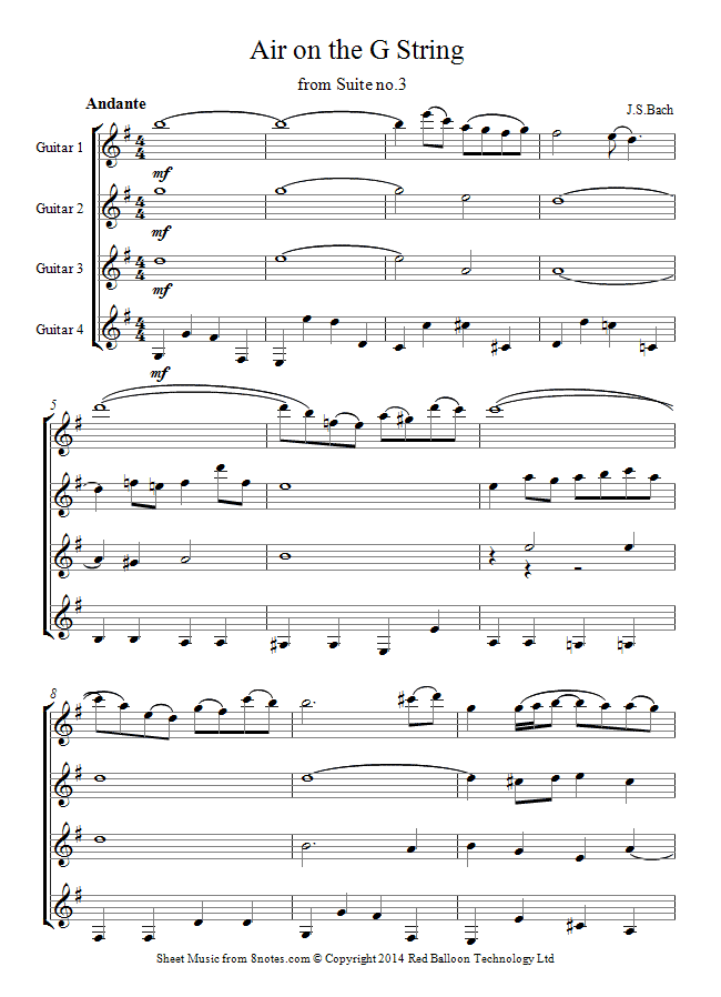 Bach - Air on the G String from Suite no.3 sheet music for Guitar Ensemble Bach - Air on the G String from Suite no.3 sheet music for Guitar Ensemble