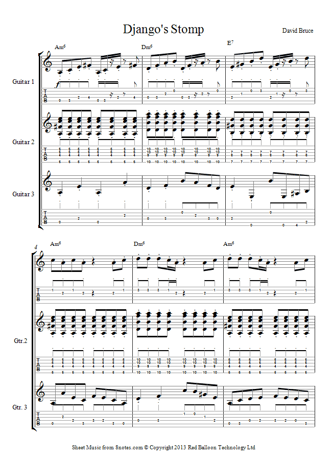 David Bruce - Djangos Stomp sheet music for Guitar Ensemble David Bruce - Djangos Stomp sheet music for Guitar Ensemble