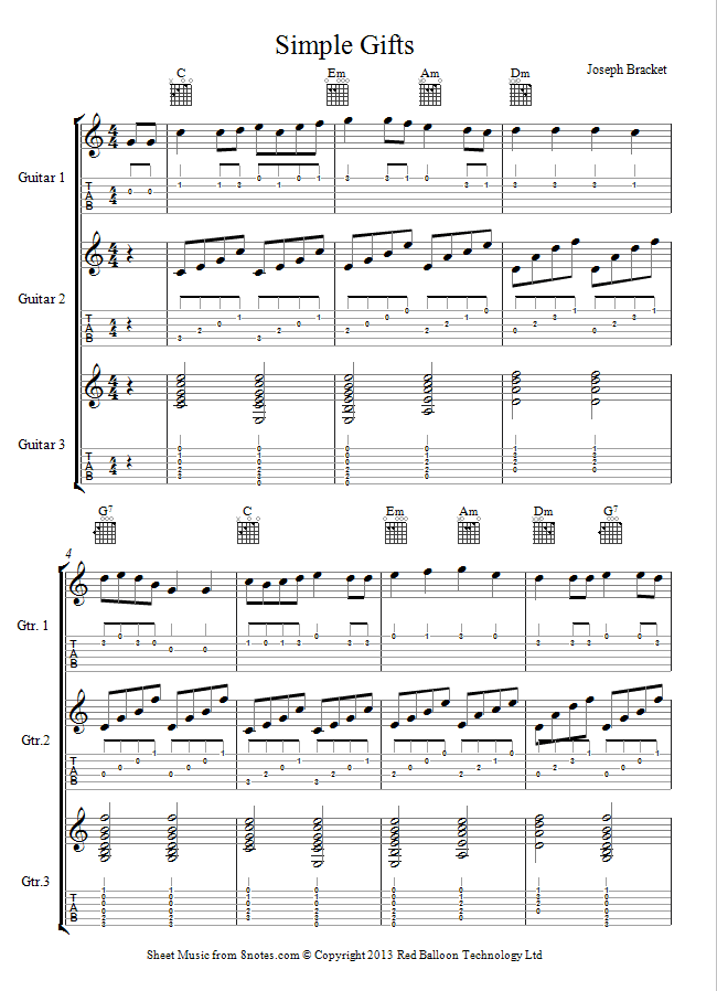 Joseph Brackett - Simple Gifts sheet music for Guitar Ensemble Joseph Brackett - Simple Gifts sheet music for Guitar Ensemble