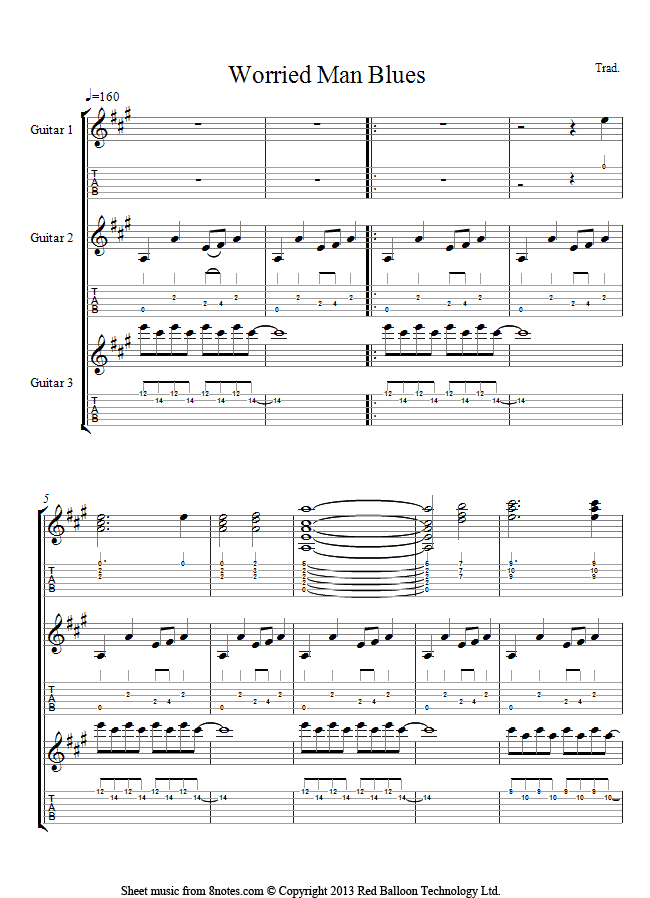 Worried Man Blues sheet music for Guitar Ensemble Worried Man Blues sheet music for Guitar Ensemble