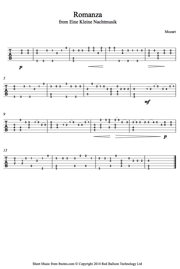 Mozart Eine Kleine Nachtmusik mvt 2 (Romance) Guitar Tab