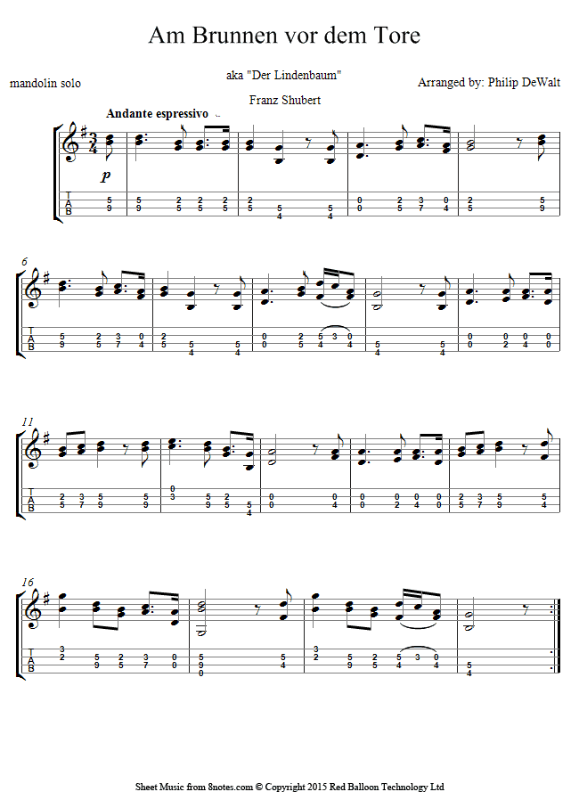 Schubert Am Brunnen vor dem Tore (Der Lindenbaum) sheet music for Mandolin