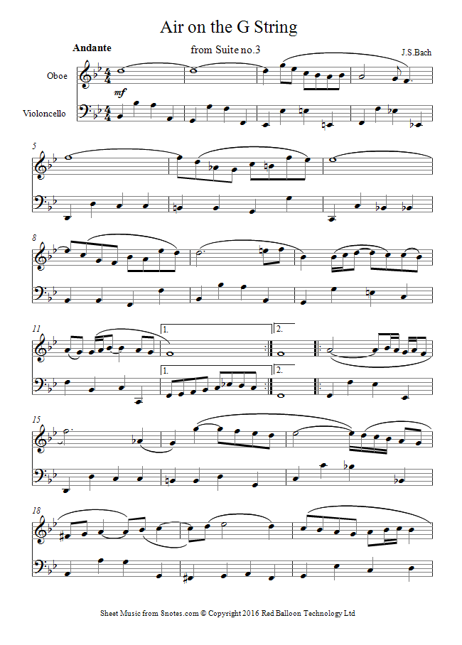 Bach Air on the G string sheet music for OboeCello Duet
