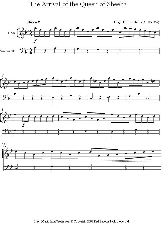 Handel - The Arrival of the Queen of Sheeba sheet music for Oboe-Cello Duet Handel - The Arrival of the Queen of Sheeba sheet music for Oboe-Cello Duet