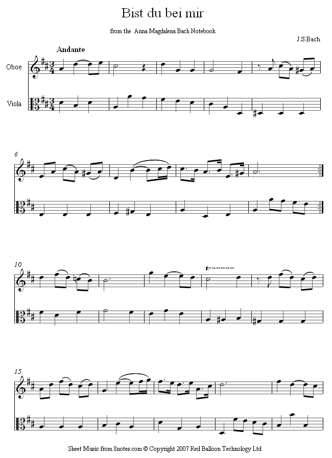 Bach - Bist du bei mir sheet music for Oboe-Viola Duet Bach - Bist du bei mir sheet music for Oboe-Viola Duet