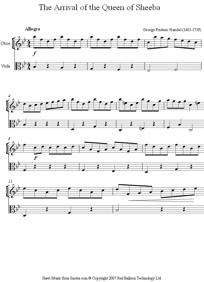 Handel - The Arrival of the Queen of Sheeba sheet music for Oboe-Viola Duet Handel - The Arrival of the Queen of Sheeba sheet music for Oboe-Viola Duet