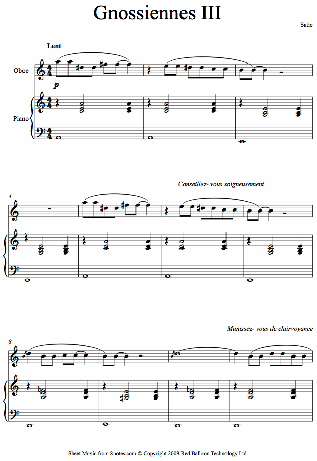 Satie - Gnossiennes no. 3 sheet music for Oboe Satie - Gnossiennes no. 3 sheet music for Oboe