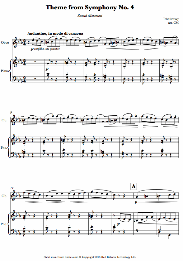 Tchaikovsky - Theme from Symphony No.4 2nd mvt sheet music for Oboe Tchaikovsky - Theme from Symphony No.4 2nd mvt sheet music for Oboe
