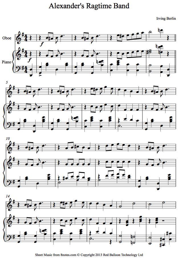 Irving Berlin Alexander's Ragtime Band sheet music for Oboe