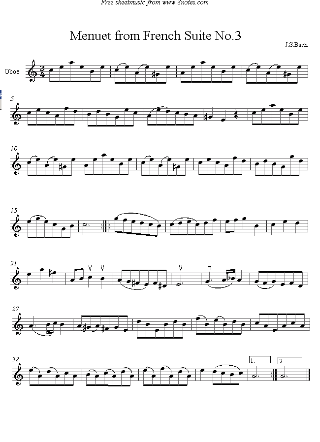 Bach - Menuet from French Suite No.3 sheet music for Oboe Bach - Menuet from French Suite No.3 sheet music for Oboe