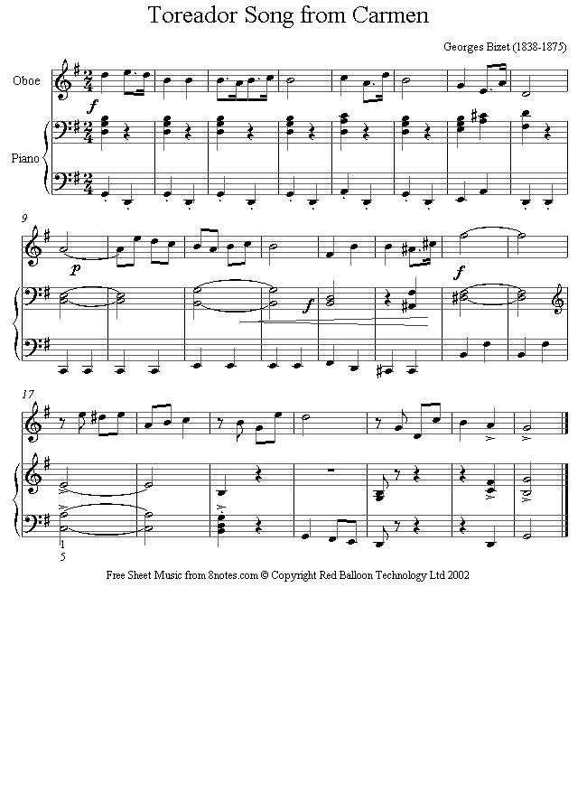 Bizet - Toreador Song from Carmen sheet music for Oboe Bizet - Toreador Song from Carmen sheet music for Oboe