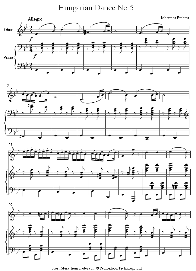 Brahms - Hungarian Dance no.5 sheet music for Oboe Brahms - Hungarian Dance no.5 sheet music for Oboe