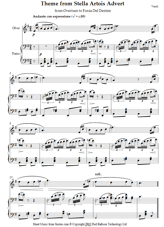 Giuseppe Verdi - Theme from Stella Artois Advert (from Overture to Forza Del Destino) sheet music for Oboe Giuseppe Verdi - Theme from Stella Artois Advert (from Overture to Forza Del Destino) sheet music for Oboe