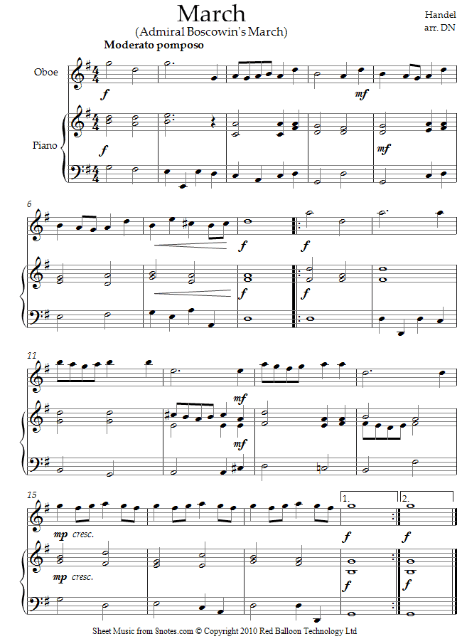Handel - Admiral Boscowins March sheet music for Oboe Handel - Admiral Boscowins March sheet music for Oboe