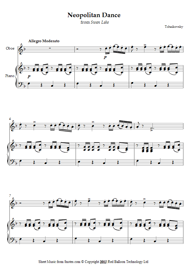 Tchaikovsky - Neopolitan Dance from Swan Lake sheet music for Oboe Tchaikovsky - Neopolitan Dance from Swan Lake sheet music for Oboe