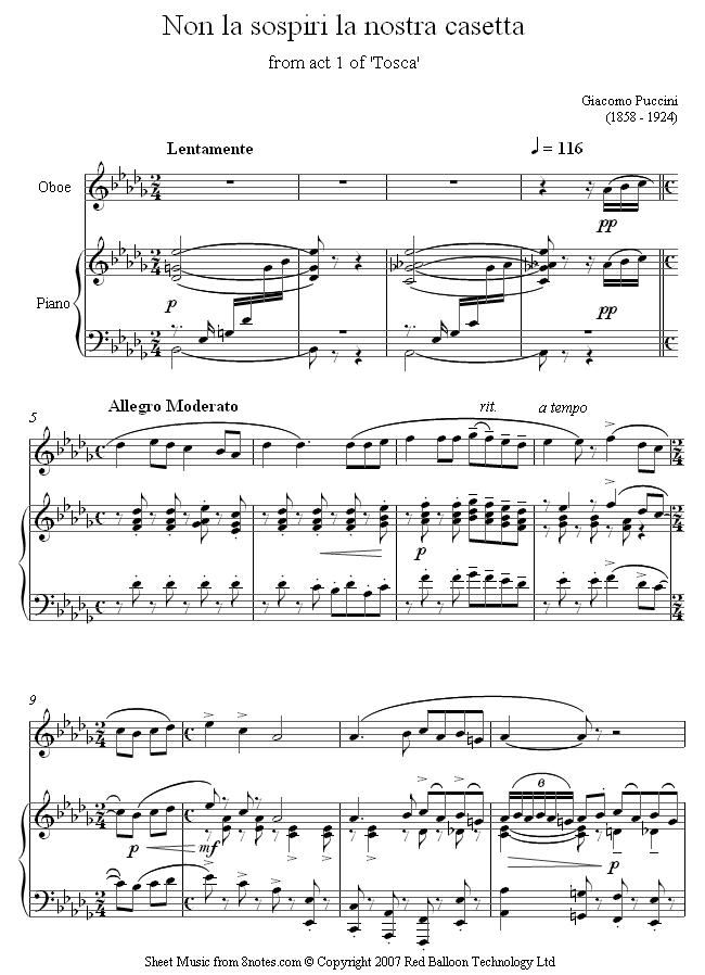 Puccini - Non la sospiri la nostra casetta from Tosca sheet music for Oboe Puccini - Non la sospiri la nostra casetta from Tosca sheet music for Oboe