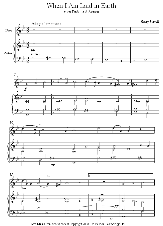 Purcell - When I Am Laid in Earth sheet music for Oboe Purcell - When I Am Laid in Earth sheet music for Oboe