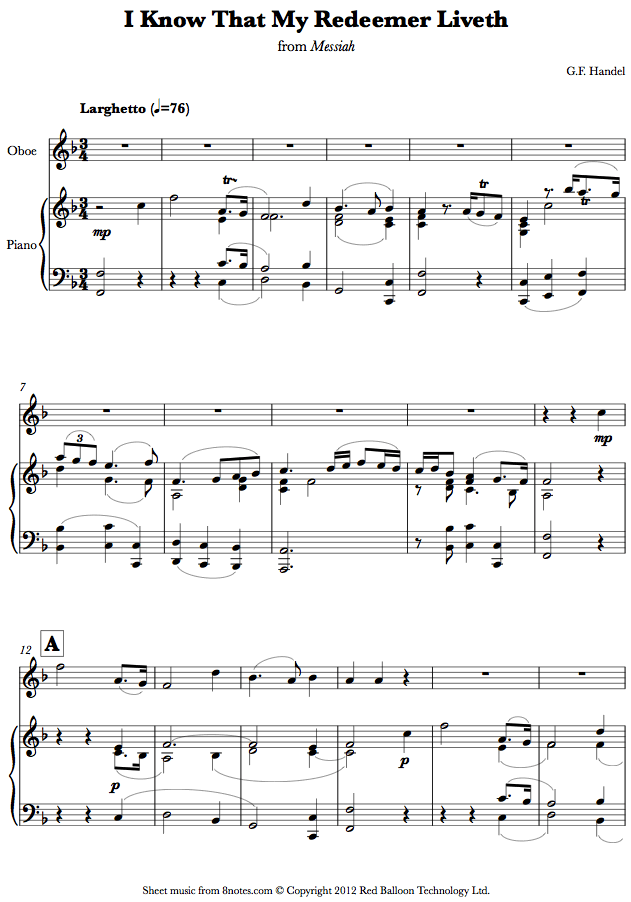 Handel - I Know That My Redeemer Liveth from Messiah sheet music for Oboe Handel - I Know That My Redeemer Liveth from Messiah sheet music for Oboe