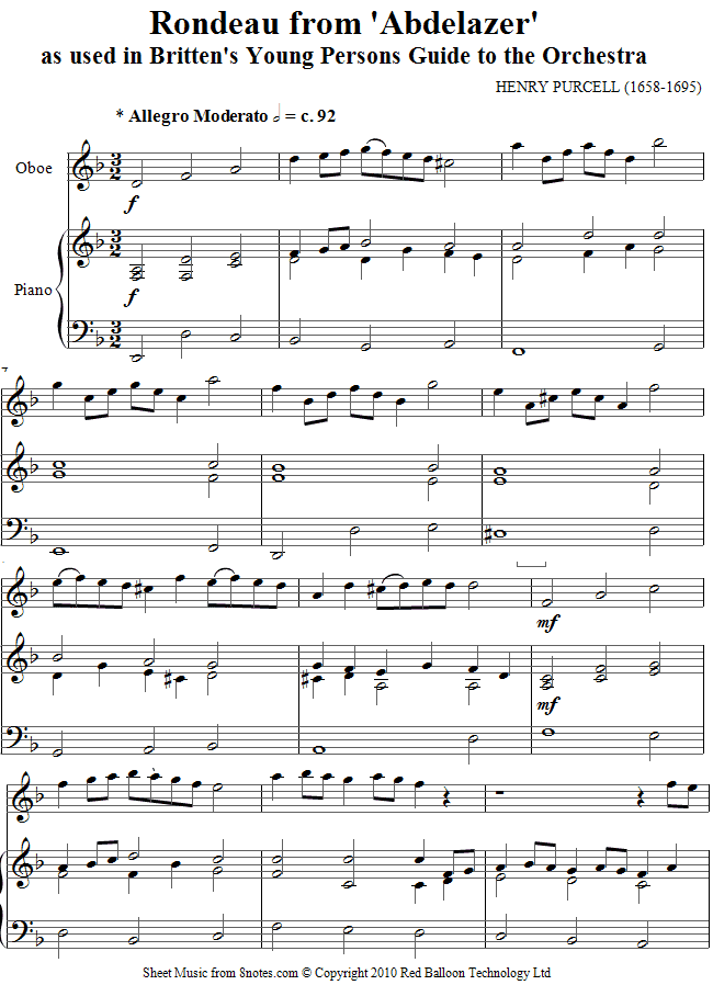 Britten - Young Persons Guide to the Orchestra Theme (Purcells Rondeau) sheet music for Oboe Britten - Young Persons Guide to the Orchestra Theme (Purcells Rondeau) sheet music for Oboe