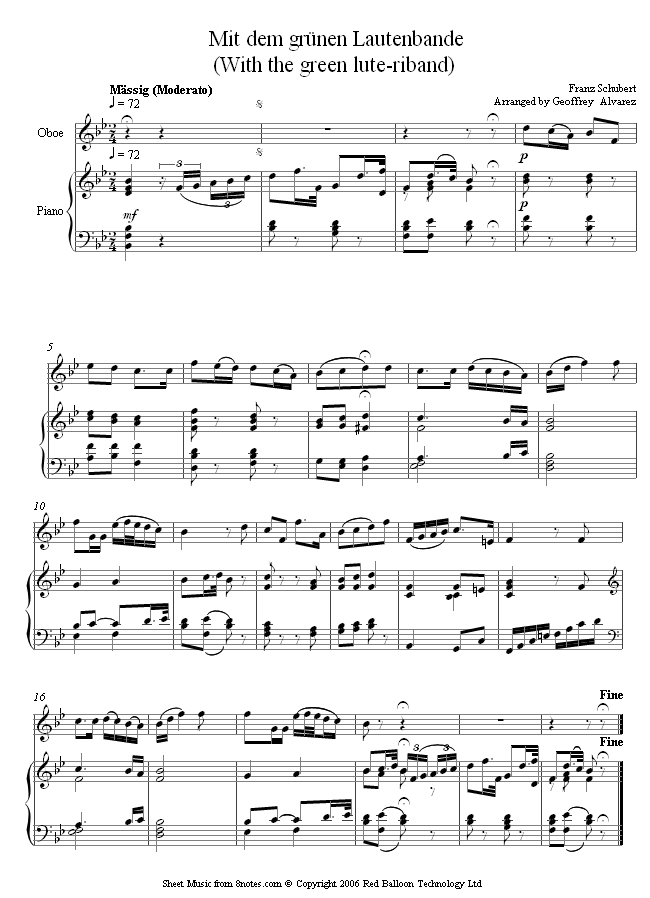 Schubert - With the green lute-riband sheet music for Oboe Schubert - With the green lute-riband sheet music for Oboe