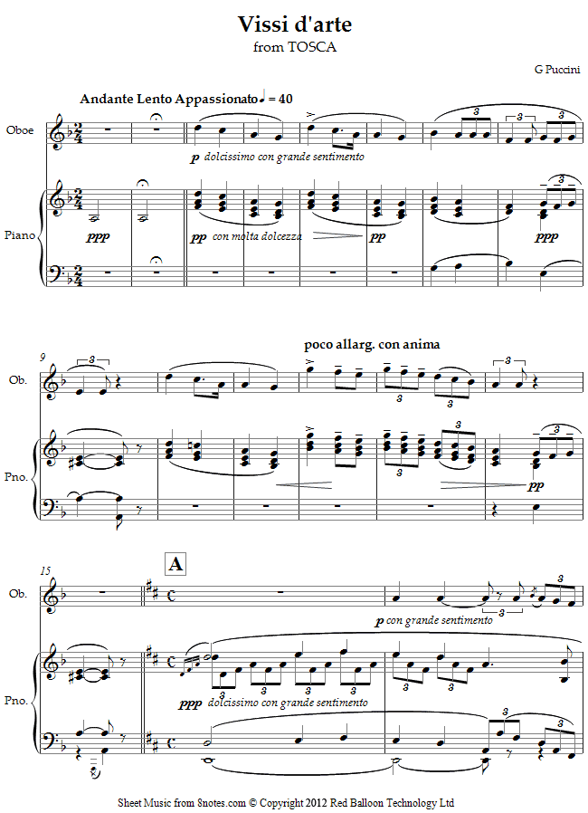 Puccini - Vissi d`arte from Tosca sheet music for Oboe Puccini - Vissi d`arte from Tosca sheet music for Oboe