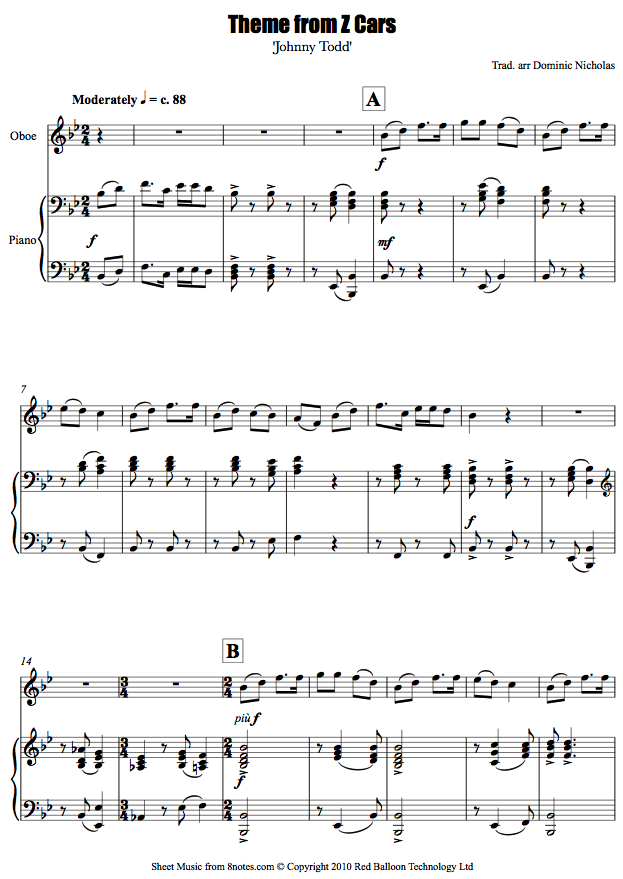 Theme from Z Cars 'Johnny Todd' sheet music for Oboe Theme from Z Cars 'Johnny Todd' sheet music for Oboe