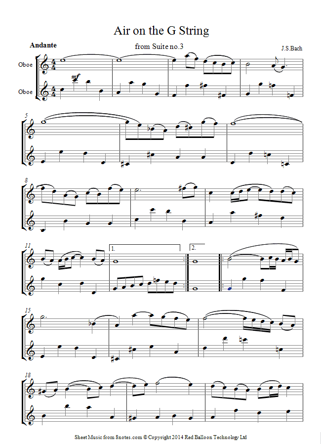 Bach - Air on the G string sheet music for Oboe Duet Bach - Air on the G string sheet music for Oboe Duet