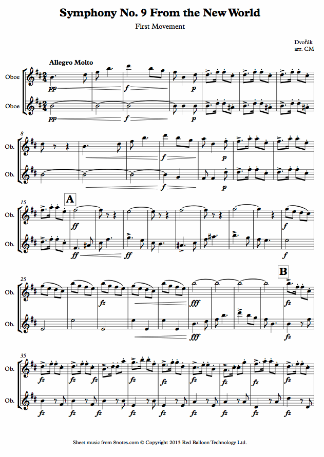 Dvořák Symphony No. 9 From the New World 1st movement sheet music for Oboe Duet