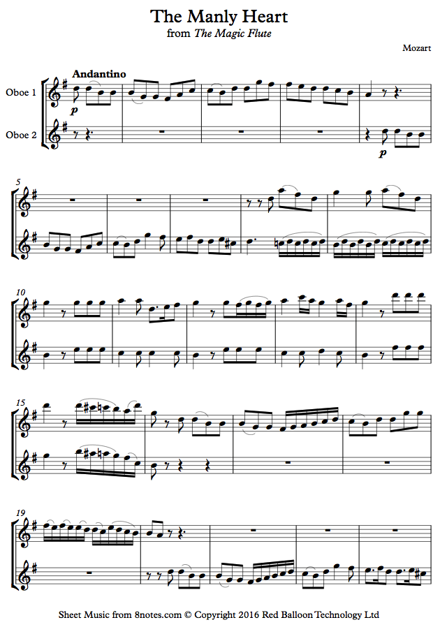 Mozart The Manly Heart with Love O'Erflowing from Magic Flute sheet music for Oboe Duet