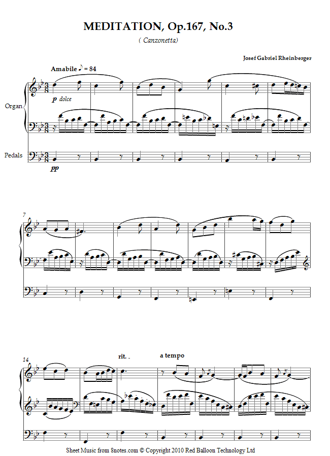 Rheinberger - MEDITATION, Op.167, No.3 ( Canzonetta) sheet music for Organ Rheinberger - MEDITATION, Op.167, No.3 ( Canzonetta) sheet music for Organ