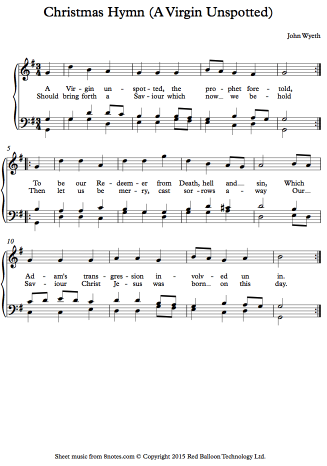 Wyeth - Christmas Hymn (A Virgin Unspotted) sheet music for Piano Wyeth - Christmas Hymn (A Virgin Unspotted) sheet music for Piano