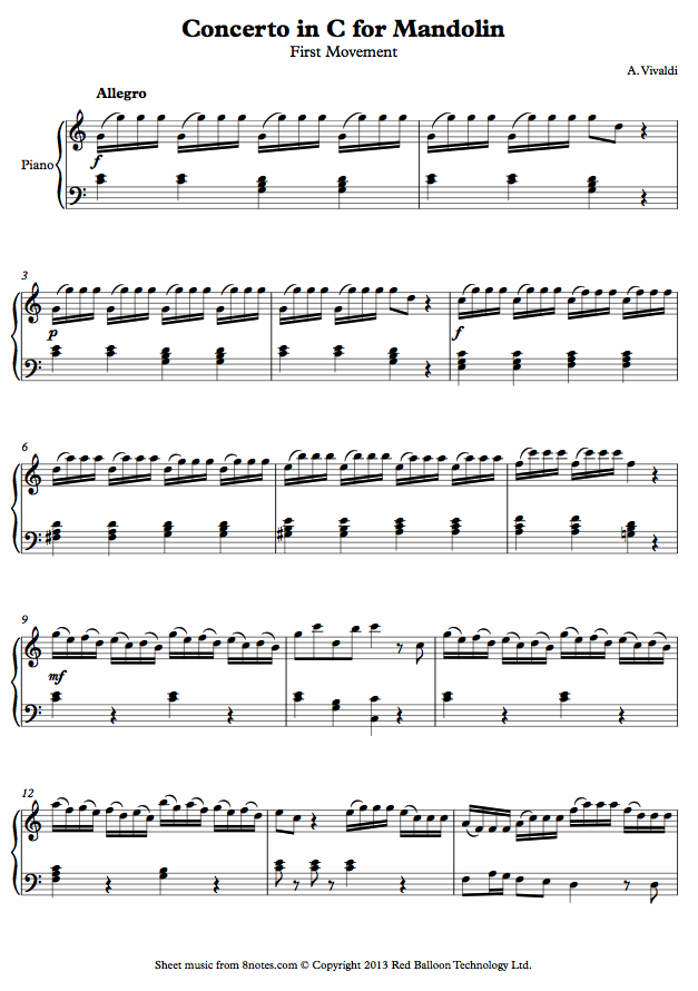 Vivaldi - Concerto in C for Mandolin 1st mvt (excerpt) sheet music for Piano Vivaldi - Concerto in C for Mandolin 1st mvt (excerpt) sheet music for Piano